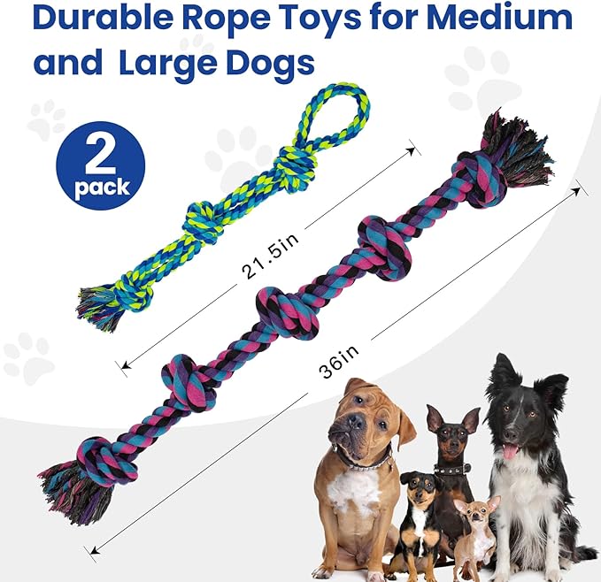 Heavy Duty Dog Rope Toys for Aggressive Chewers - 2 Pack Indestructible Tug of War Toys for Medium to Large Breeds, 100% Cotton for Boredom and Teeth Cleaning