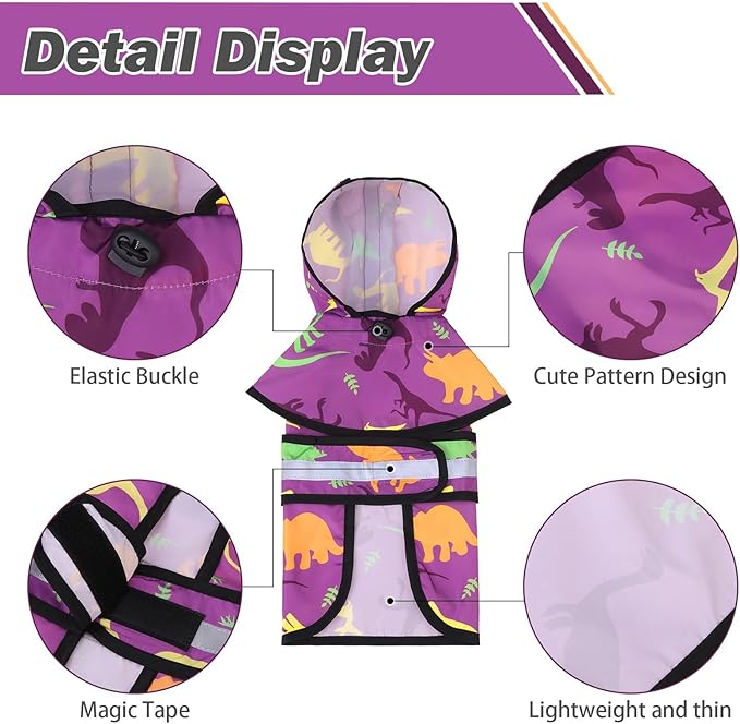 KOOLTAIL Dog Raincoat Hooded Slicker Poncho with Leash Hole, Raincoat for Small Medium Dogs, Waterproof Doggie Rain Jacket with Reflective Strip, Adjustable Breathable Puppy Rainwear-Dinosaur Cartoon