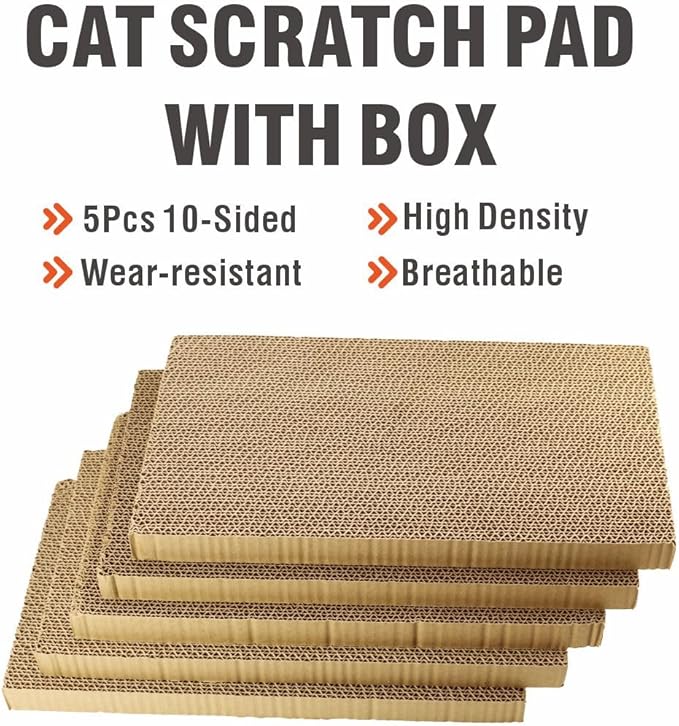5 PCS Cat Scratching Boards with1 Box for Indoor Cats, 17.3inch Extra Large Recyclable and Reversible Cardboard，Suitable for Cats Rest and Play with Scratch Box