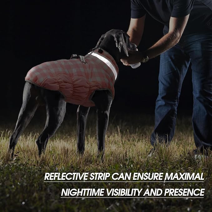 FUAMEY Dog Coat for Large Dogs,Waterproof Dog Winter Jacket with Harness Built in Puppy Cold Weather Coats Reflective Pet Vest with Zipper Warm Fleece Dogs Snowsuit Windproof Pink Plaid 2XL