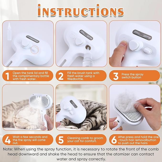 Cat Steam Brush with Release Button, Pet Spray Brushes for Shedding & Grooming, Mist Comb for Pet Long Short Haired, Steamy Brush for Cats Removing Loose Fur and Massage (White)