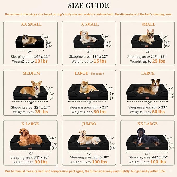 Comfort Expression Orthopedic Dog Bed for Medium Dogs 30x20 Inch, Waterproof Supportive Egg Crate Foam Medium Pet Bed with Removable Bolsters, Dog Couch with Washable Cover & Non-Slip Bottom, Black