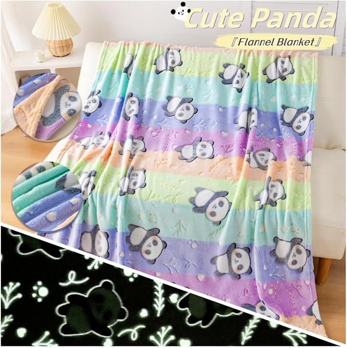 Best Gift Halloween Glow in The Dark Panda Throw Blanket with Storage Bag, Soft Cozy Kids Blanket for Birthday New Year, Fun Cartoon Panda Colorful, 50"x60" Twin Size