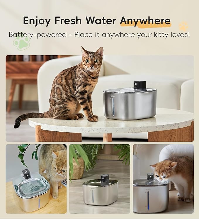 Cat Water Fountain Stainless Steel, 138fl.oz / 4.1L Wireless Cat Fountain, Pet Water Fountain Cordless for Cats & Dogs Indoor