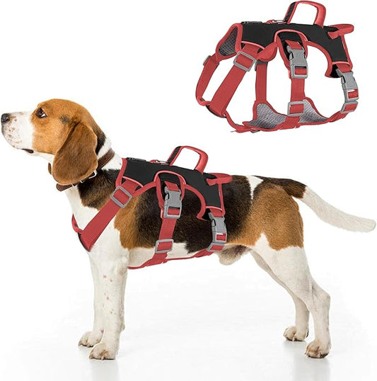 Escape Proof Dog Harness, No Pull Reflective Adjustable Vest with Easy Control Lift Handle, No Choke Soft Padded Breathable Full Body Pet Harness for Walking Hiking and Training (Red, Large)