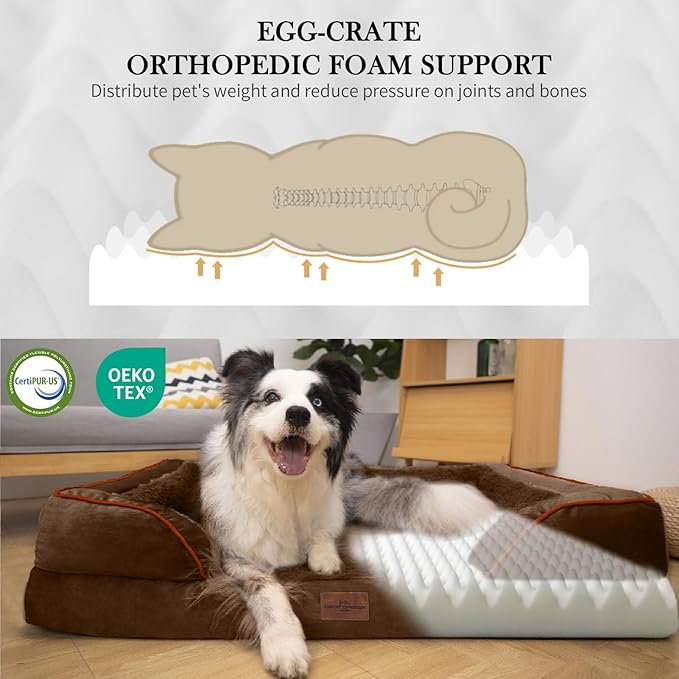 Comfort Expression Orthopedic Dog Bed for Large Dogs 36x27 Inch, Waterproof Supportive Egg Crate Foam Large Pet Bed with Removable Bolsters, Dog Couch with Washable Cover & Non-Slip Bottom, Dark Brown