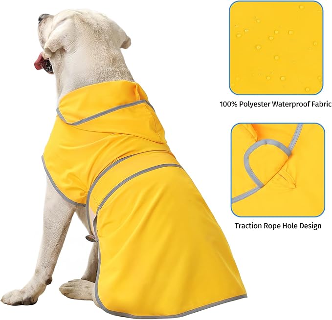 Dog Rain Coat for Large Dogs Waterproof Hooded Rain Jacket with Reflective Strips Leash Hole & Poncho Adjustable Fit (Yellow,XXL)