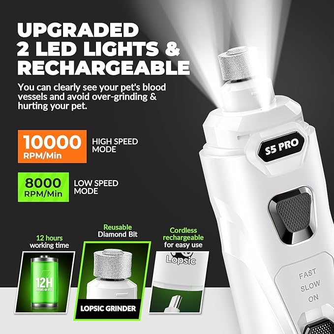 Dog Nail Grinder with 2 LED Lights Powerful 2 Speeds Super Quiet Dog Nail Trimmers with 3 Grinding Wheels Rechargeable Pet Dog Nail Clippers for Large Medium Puppy Dogs Dog Nail File Cat Nail Clipper