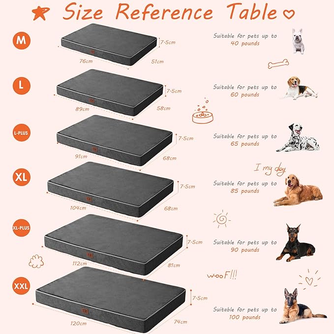 EHEYCIGA Waterproof Dog Bed Memory Foam 35x23, Orthopedic Dog Beds Mat for Large Dogs with Removable Cover, Dark Grey