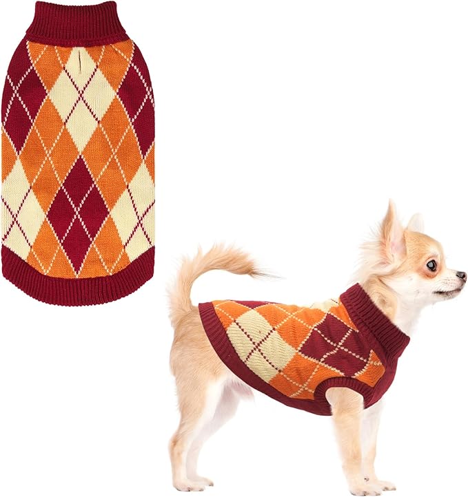 KOOLTAIL Small Dog Sweater, Knit Turtleneck Fall Thanksgiving Dog Sweaters, Classic Plaid Pullover Cold Weather Knitwear Pet Winter Warm Clothes, Comfortable Puppy Coat for Girls Boys, Orange XS