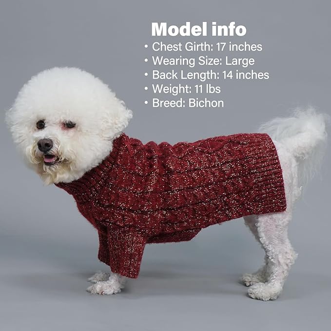 KYEESE Dog Sweater Soft Turtleneck Dog Sweater for Small Medium Dogs Classic Cable Knit Medium Pet Sweater with Long Sleeve Comfy Pet Coats Stretchy Dogs Clothes for Cold Weather, Red, X-Large