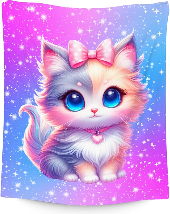 Girls Blanket Gifts - Blanket with Cat for Cat Lovers - Comfy Cozy Flannel Throws for Couch, Office 40"x50"