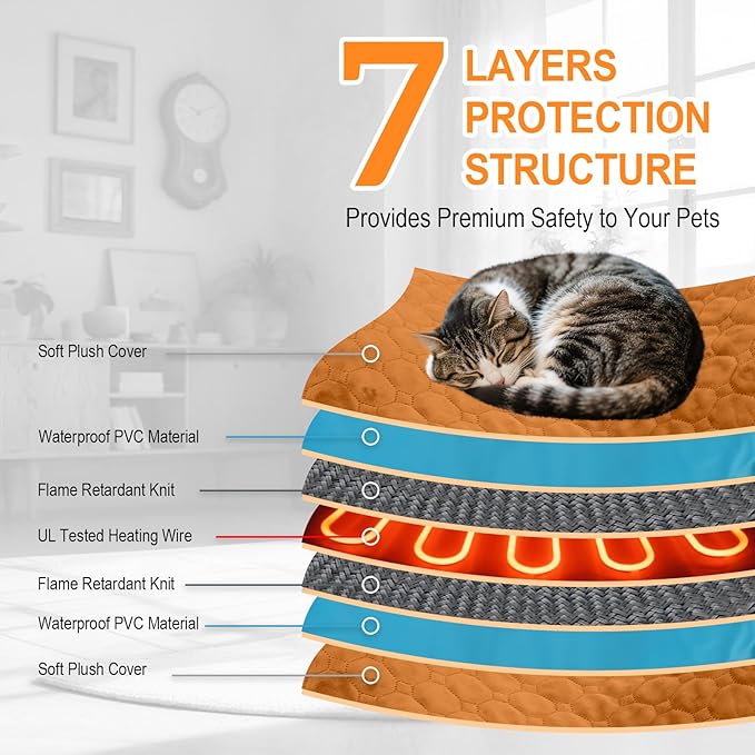 Pet Heating Pad for Cats & Dogs Indoor Outdoor, Warming Cat Heating Pad with Chew Resistant Cord, Adjustable Temperature and Time, Heated Pet Bed Mat Waterproof for Cats Dogs (Coffee, 15.7'' × 27.6'')