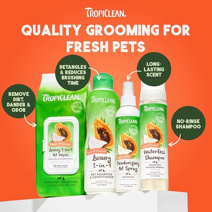 TropiClean No Rinse Waterless Dog Shampoo | Detangling & Deodorizing Dry Shampoo for Smelly Pets | Moisturizes Dry Skin | USA Made | Papaya Scent | 7.4oz
