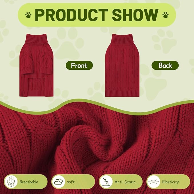 Small Dog Thermal Pullover Sweater, Classic Turtleneck Cable Knitwear Dog Clothes for Cold Weather Warm Pet Clothes for Chihuahua, Bulldog, Dachshund, Pug Red Medium
