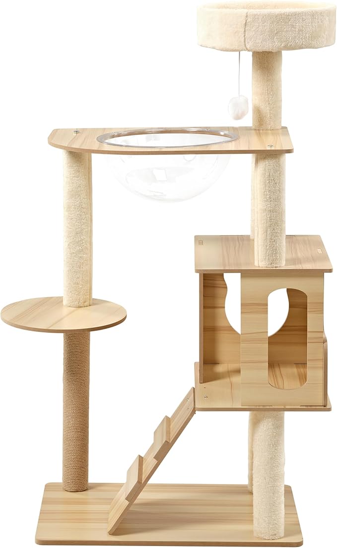 EUREKA ERGONOMIC Cat Tree Tower, 46.5 Inch Modern Cat Tower with Scratching Post, Multi-Level Large Cat Condo Wooden Cat Stand with House, Pompoms, Cat Tree with Scratch Pad (Yellow)
