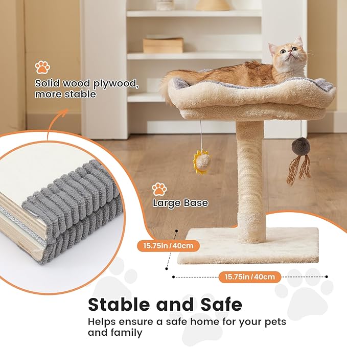 Gardner Pet 20" Cat Tree, Solid Wood Small Cat Tree, Removable Bed, Sisal Scratching Post & Hanging Toys, Compact Cat Tower Perch for Kittens & Indoor Cats (Beige, Square)