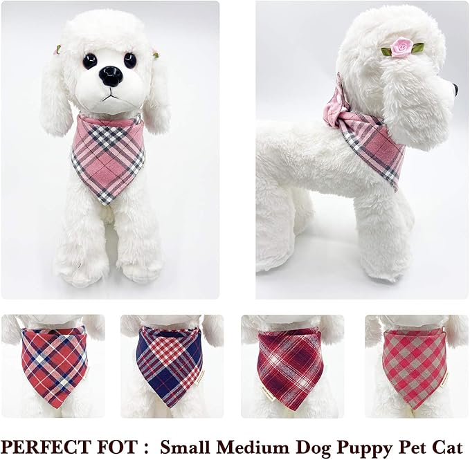 Savier 5PCS Dog Bandanas with Button - Fall Thick Triangle Bibs Dual Layer Soft Cotton Scarves for Small Medium Girl Puppy Cat Pet Baby Square Plaid Printing Washable Kerchief Halloween Outfits Pink