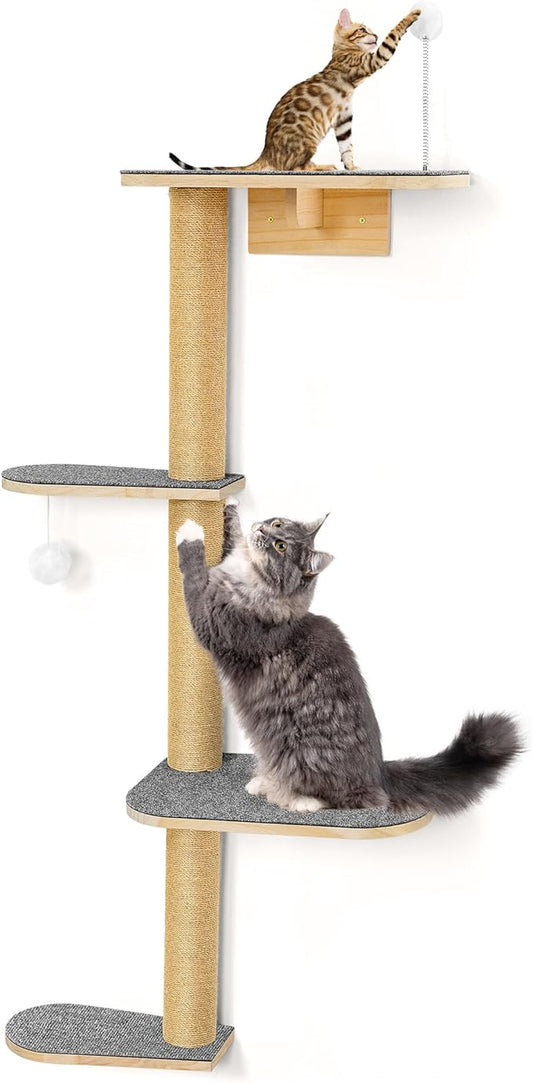 Wall Mounted Cat Tree for Kittens & Small Cats, 4-Tier Cat Wall Climber with Adjustable Grey Felt Platforms, Cat Shelves & Furniture, 49” Tall for Under 30lbs