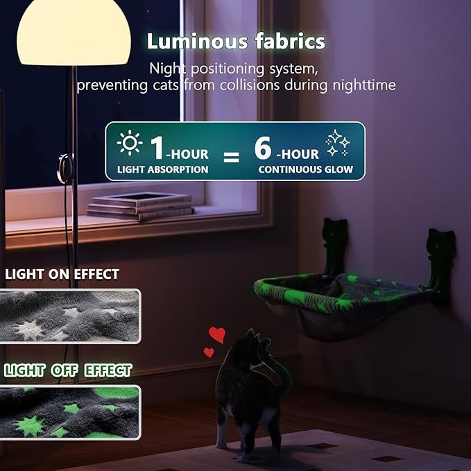 Cat Window Perch Cordless, Glow in The Dark & Stable Cat Beds- Breathable Window Hammock for Overlooking, Sunbathing and Climbing - Maximum Hold Up to 40lb(Grey)