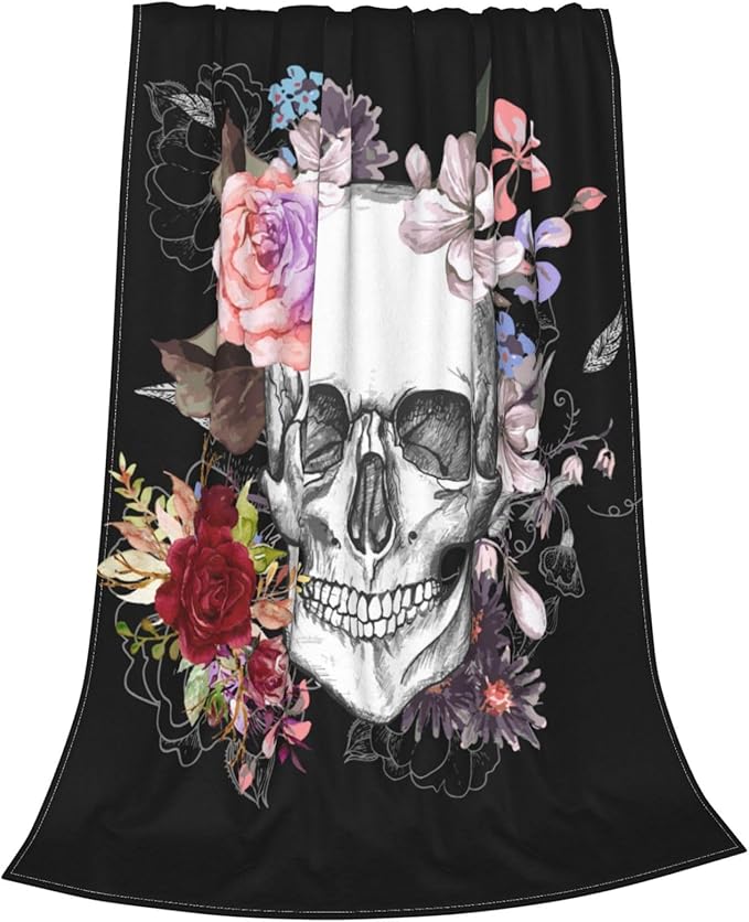Sugar Skull Throw Blanket, Lightweight All Seasons Skull Flower Fleece Blanket for Women Girl, Black Warm Fuzzy Blanket for Bed Couch Sofa (40"x 50")