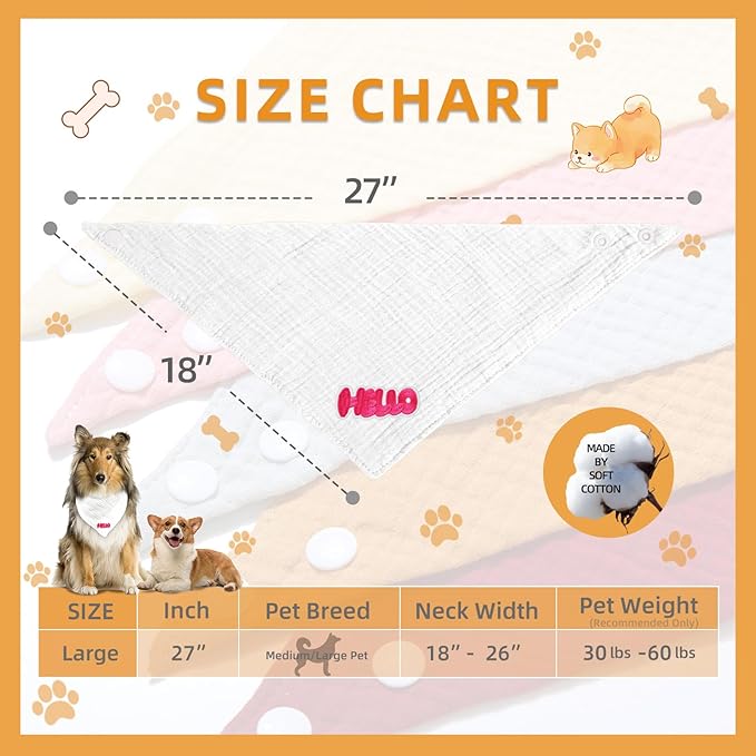 Pet's Cotton Bandanas with Adustable Button for Large Dog Solid Color Letter Embroidered Scarf,White,Large