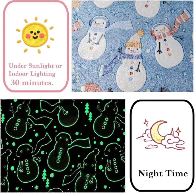 Christmas Snowman Blanket Gift, Glow in The Dark Blanket, Cozy Soft Fleece Blanket for Holiday Décor, Children Boys Girls Teens Holiday Theme Blanket, 50"*60", Kids Blanket, Sky Blue