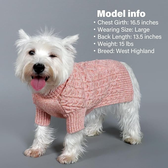 KYEESE Dog Sweater with Long Sleeve Classic Cable Knit Dogs Clothes Soft Pets Sweater, Turtleneck Dogs Coats Small Dog Sweater for Cold Weather, Pink, X-Small