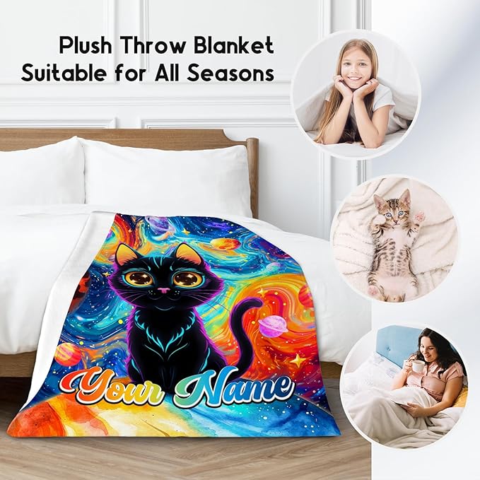Cat Blankets for Cat Lovers - Personalized Girls Blanket for Toddler/Kids/Women - Lightweight Planet Throws Gifts for Office Couch, Room