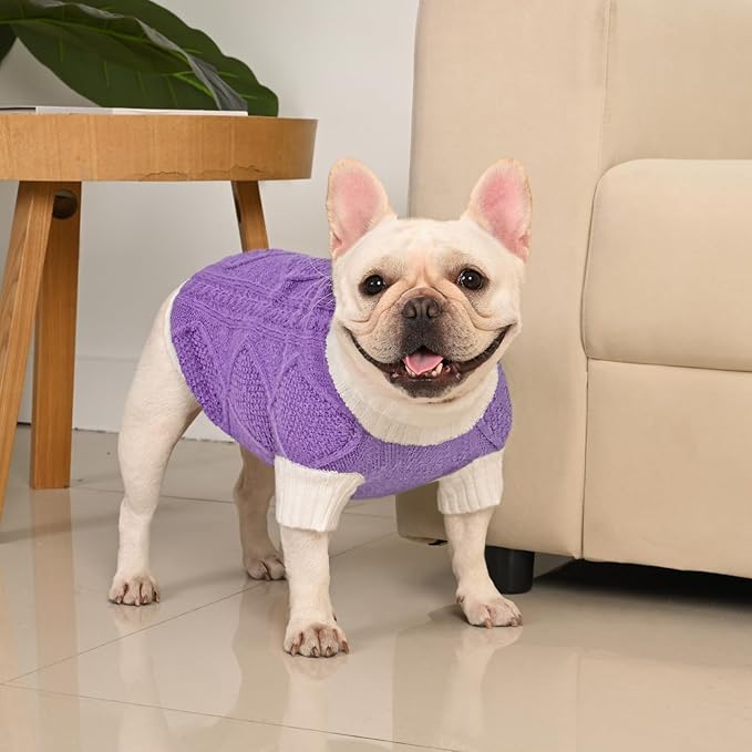 Dog Sweater for Medium Dogs Argyle Cable Knit Turtleneck Pullover Winter Clothes Boys Girls French Bulldog Dachshund Corgi Beagle Pug Pet (M, Purple)