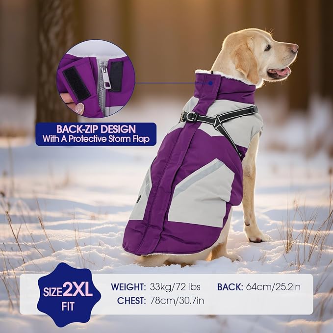 FUAMEY Dog Winter Jackets for Medium Dogs,Dog Coat with Harness Built in,Waterproof Dogs Snowsuits Warm Pet Jacket Zip Up Fleece Cold Weather Coats Reflective Puppy Vest with Pocket Purple M