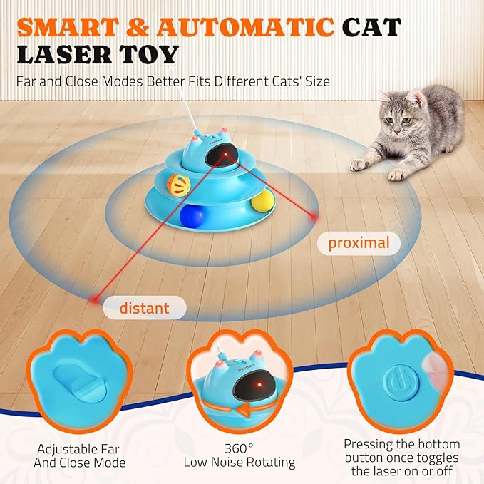 Interactive Cat Toy: 5 in 1 Automatic Cat Toy for Indoor Cats, USB Rechargeable Hide and Seek Toy with PVC Cover, Rotating Feather toys, Battery Operated Kitten Laser Toy with Feather Accessories Blue