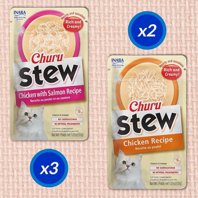INABA Churu Stew for Cats, Broth Gelée with Shredded Chicken Side Dish with Vitamin E, 1 Ounce per Pouch, 5 Pouches Total, Chicken Variety Pack