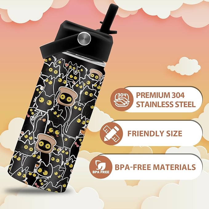 16 oz Water Bottle with Straw Lid, Stainless Steel Insulated Cats Tumbler, Cute Cat Water Bottles for Travel, Cats Lovers Gifts Cups