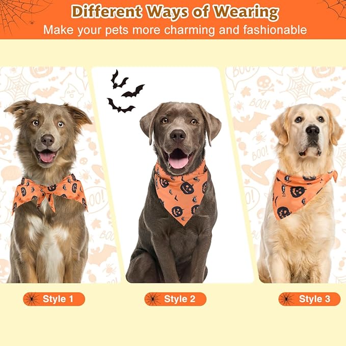 Kytely Halloween Dog Bandanas 2 Pack, Reversible Triangle Dog Bandanas for Boy and Girl, Multiple Sizes Offered, Pumpkin and Spider Web Bibs Fall Pet Scarf, Premium Durable Fabric (Large)