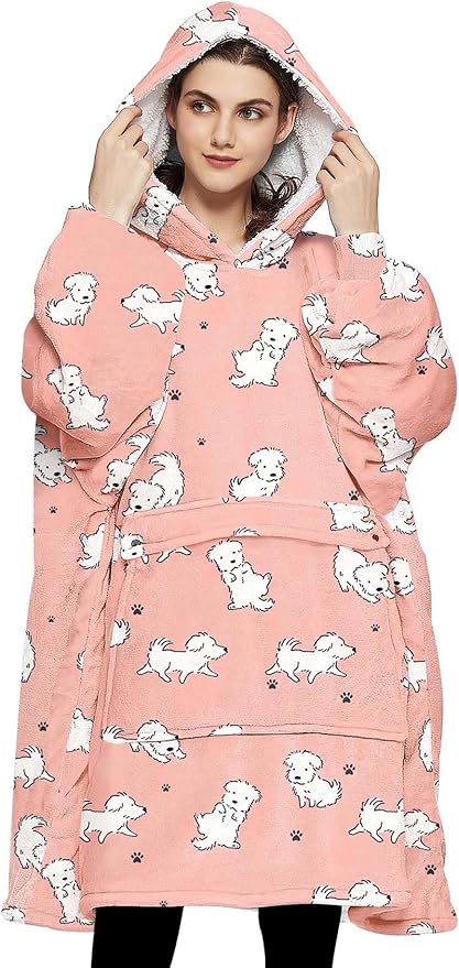 KFUBUO Wearable Blanket Hoodie for Adult Sherpa Dog Patterns Oversized Hoodie Sweatshirt Blanket with Pockets Birthday Gifts for Women