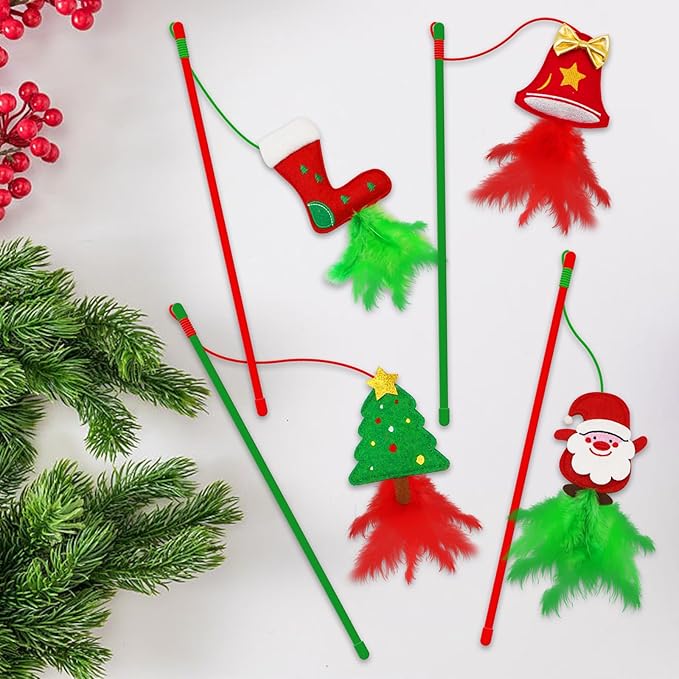 Christmas Cat Toys，4 Pack Cat Wand Toys for Indoor Cats Gifts with Catnip and Feathers, Wand for Cats and Kitten