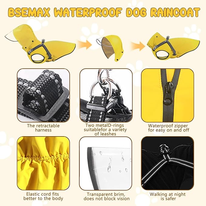 Dog Raincoat: Dog Rain Jacket with Reflective Harness & Removable Hood | Waterproof Dogs Rain Coat Poncho for Large Medium Small Dogs Puppies (Yellow - XL)
