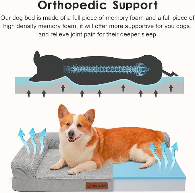 Orthopedic Dog Beds Large Sized Dog, Memory Foam Pet Bed for Large Dogs, Washable Removable Cover, Nonskid Bottom, Waterproof, 41x27x6 Inches, Light Grey