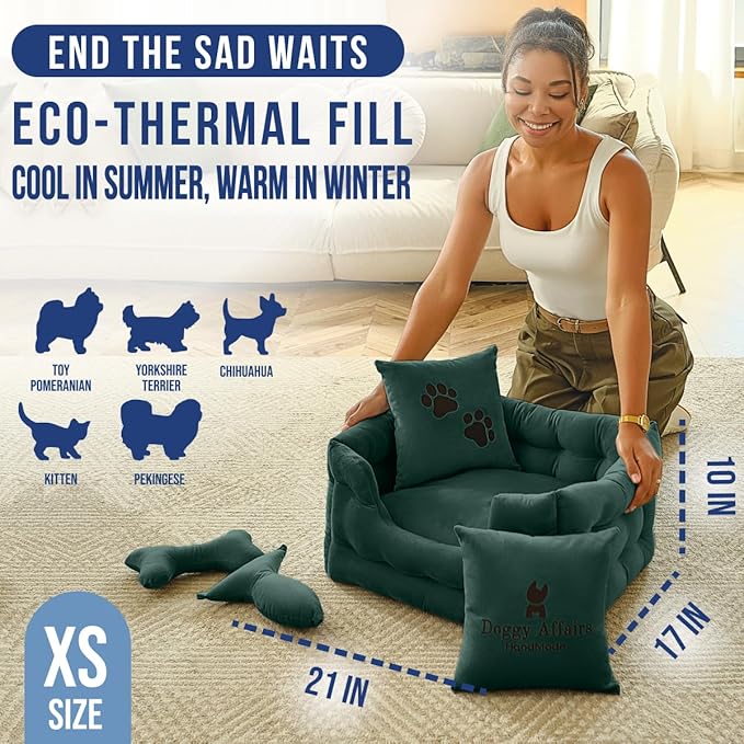 Luxury Dog Bed Chesterfield – Handcrafted Velvet Throne for Dogs | Joint Support, Calming & Temp-Regulating Comfort | Durable 5+ Years, Anti-Claw, Washable 100+ Times – XS, Green