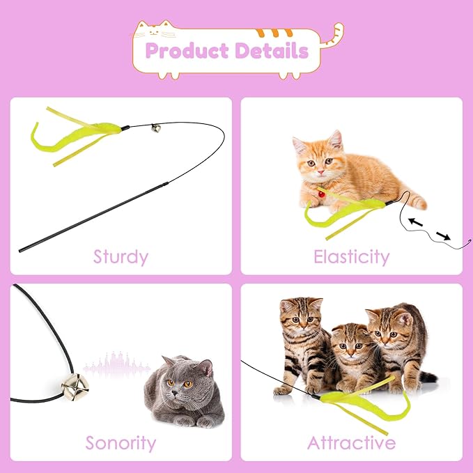 SHENGSEN Feather Wand Cat Toy,Bouncy Ball with Tail Cat Toys,Magic Worm with Large Colorful Ball Toy for Cats,Cat Feather Toys for Indoor Cats,Colorful Fuzzy Worm Bouncy Balls Cat Toy (ADM102-B-3B)