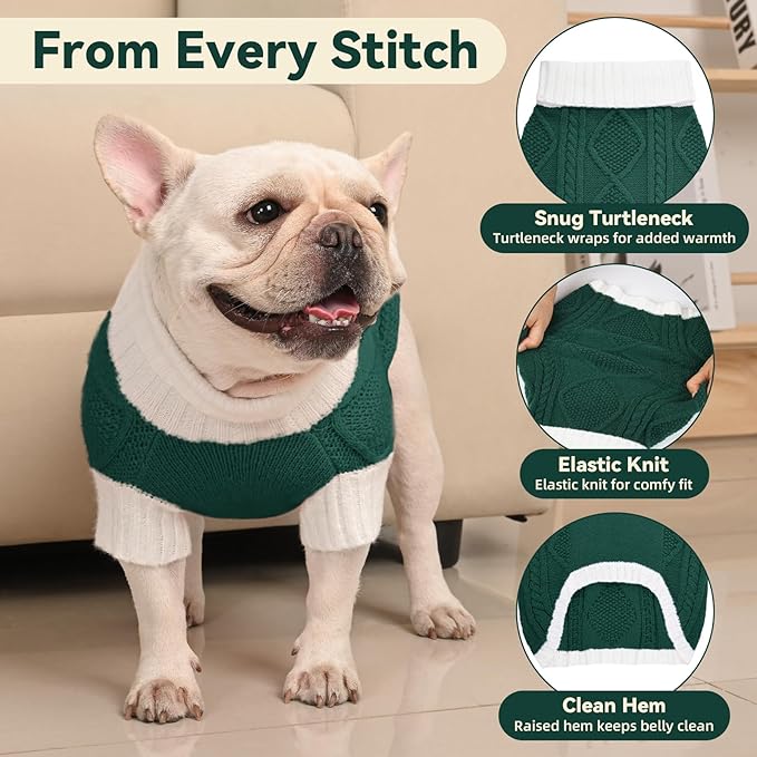 Dog Sweater for Medium Dogs Argyle Cable Knit Turtleneck Pullover Winter Clothes Boys Girls French Bulldog Dachshund Corgi Beagle Pug Pet (L, Green)