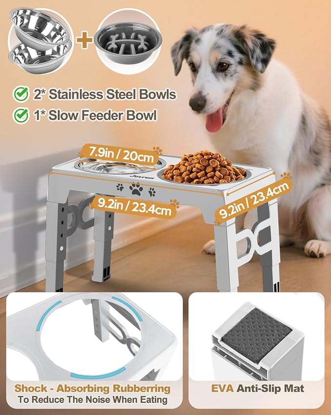 Elevated Dog Bowls, Dog Feeder with 2 Stainless Steel Dishes &1 Slow Feeder Bowl, 5 Heights Adjustable Raised Stand for Medium Large, Food Dishes with Non-Slip Feet