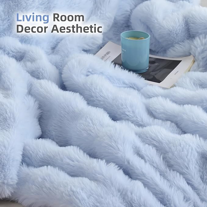 Smoofy Faux Fur Throw Blanket for Couch Rabbit Fleece - Light Blue Fluffy Blanket for Sofa Bedroom Living Room, Cozy Soft Plush Luxury Thick Winter Fuzzy Comfy Bubble Blanket - 60" x 80"