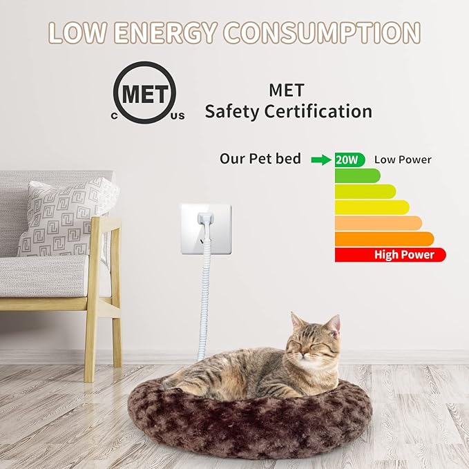 Heated Cat Beds for Indoor Cats Warming Cat Beds Super Soft Machine Washable Thermo Kitty Electric Heating Bed 19 Inches Round