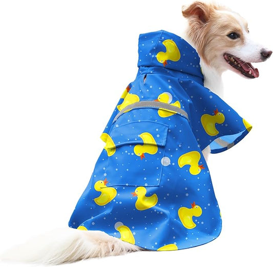 NACOCO Large Dog Raincoat Adjustable-Pet Rubber Ducks Yellow Water Proof Clothes Lightweight Rain Jacket Poncho Hoodies with Strip Reflective Blue (Blue XXL, Yellow Duck)