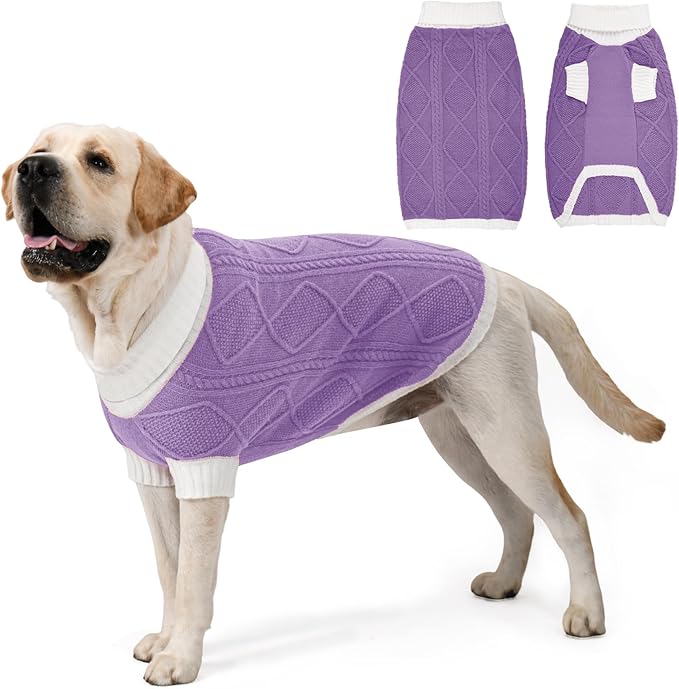 Dog Sweater for Large Dogs Argyle Cable Knit Turtleneck Pullover Winter Clothes Boys Girls Stretch Golden Retriever Labrador Bulldog Pitbull Doberman Pet (XXL, Purple)