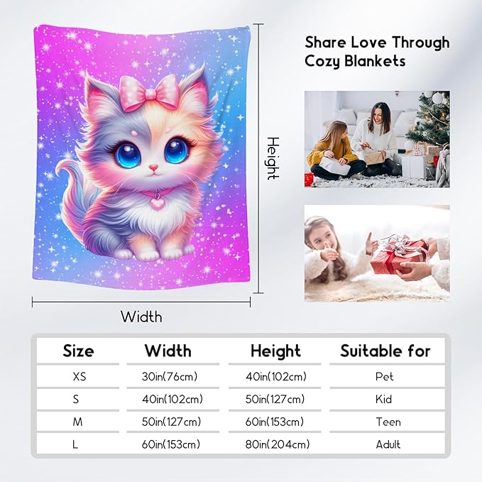 Girls Blanket Gifts - Blanket with Cat for Cat Lovers - Comfy Cozy Flannel Throws for Couch, Office 40"x50"