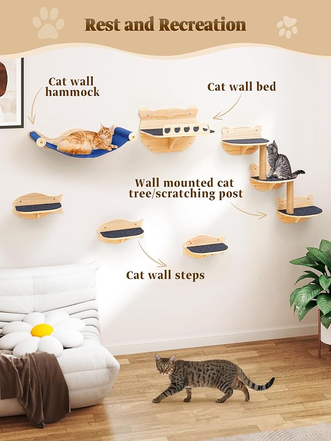 Cat Wall Shelves, 8 in 1 Cat Wall Furniture Set for Large Adult Kittens, Wooden Climbing Wall Shelves with Scratching Post, Hammock, Jumping Platform, Steps