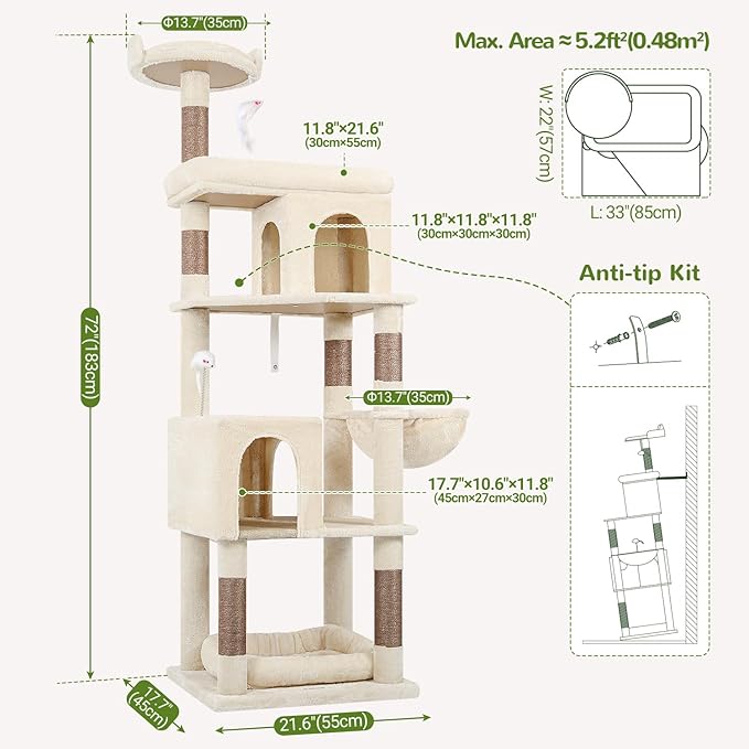 Globlazer Heavy Duty Cat Trees for Large Cats, Sturdy 72in Maine Coon Cat Tree for Large Cat 20 lbs+ Heavy Duty Cat Tower for Adult Biggest Cats with 6 Scratching Posts, Hammock, S72, Beige